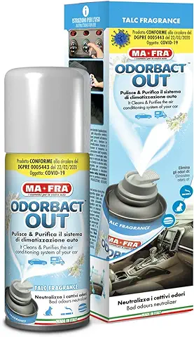 Ma-Fra, Odorbact Out Talc Fragrance, Spray Purificador para el Climatizador del Coche, Neutraliza los Malos Olores y Libera una Agradable Fragancia de Talco, Tamaño 150 ml  