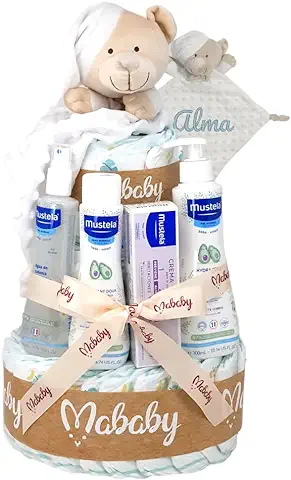 Mababyshop, Tarta Pañales Pingo Mis Primeros Cuidados Talla 2, Colonia, Gel 200, Hidra Bebé 300, Toallitas, Crema Pañal 50 ml y Dou Dou PERSONALIZADO (Blanco)  