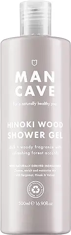 ManCave Gel de Ducha Hombre de Madera de Hinoki, 500 ml – Gel de Baño con Aroma Cálido y Amaderado, Hinoki, Cedro y Almizcle – Formula Natural, Sin Sulfatos, Vegana – Envase de Plástico Reciclado  