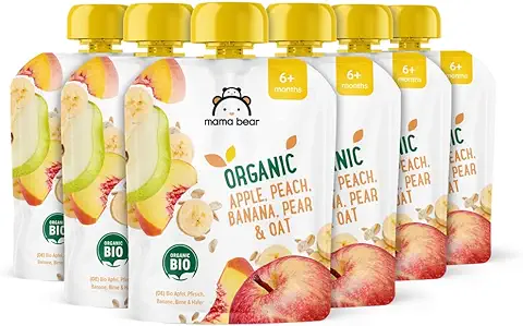 Marca Amazon - Mama Bear Bolsitas de Puré de Manzana, Melocotón, Plátano y pera Ecológicos con Harina de Avena Ecológica, 90g, Paquete de 6  