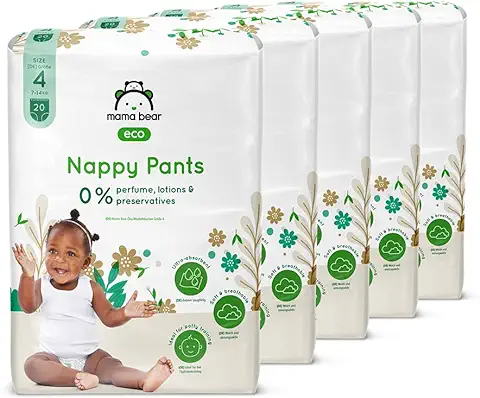 Marca Amazon - Mama Bear Bragapañales Eco, Talla 4 (7-14kg), Blanco, 100 Unidad, 5 Paquetes de 20  