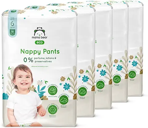 Marca Amazon - Mama Bear Bragapañales Eco, Talla 6 (16+ kg), Blanco, 90 Unidad, 5 Paquetes de 18  