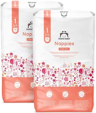Marca Amazon - Mama Bear Pañales Ultra-secos, Talla 1 (2-5 kg), Con Canales, Bianco, 96 Unidad (2 Paquetes de 48) - Nueva Versión  