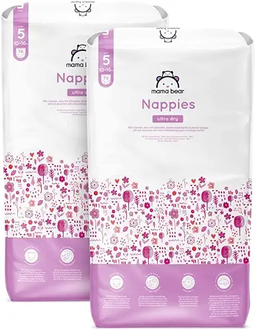 Marca Amazon - Mama Bear Pañales Ultra-secos, Talla 5 (10-16 kg), Con Canales, Bianco, 152 Unidad (2 Paquetes de 76) - Nueva Versión  