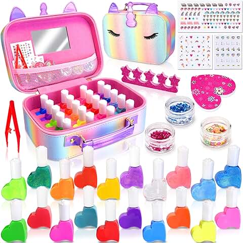 MarckersHome Juego de Esmaltes de Uñas para Niños, Kit de Esmalte de Uñas a Base de Agua de 20 Colores con Pegatinas, Separador de Uñas, Maleta de Unicornio, Regalo para Niñas 3 4 5 6 7 8  