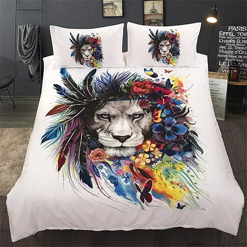 Mateju 3D Juego de Ropa de Cama, 3 Piezas Microfibra Antialérgico Anti Decoloración Funda Nórdica de Edredón Estampada Cama (180x210cm,León Flor)  