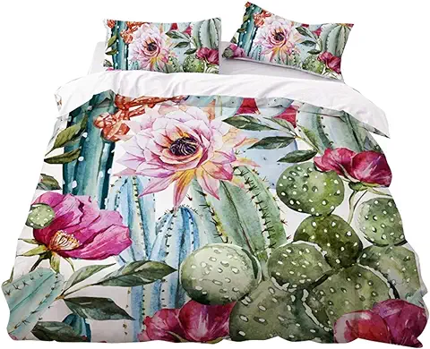 Mateju 3D Juego de Ropa de Cama, 3 Piezas Microfibra Antialérgico Anti Decoloración Funda Nórdica de Edredón Estampada Cama (Cama 150/160-220x240cm,Cactus)  