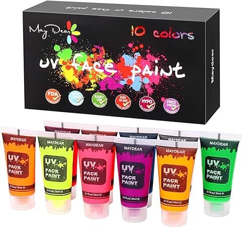 Maydear Colors Juego de Pintura Facial y Corporal, Pintura Corporal Líquida Segura y no Tóxica (10 Colores - UV)  