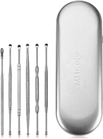 MEDcaKit de Extracción de cera del Oído - Juego de 6 Herramientas de Acero Inoxidable para una Limpieza Completa del Oído con un Limpiador de Resorte en Espiral  