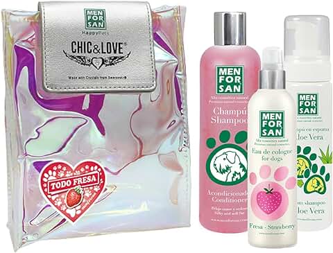 MENFORSAN Pack Higiene y Belleza, Champú Acondicionador, 300ml, Colonia Fresa 125ml, Champú en Espuma para Perros y Gatos 200ml, Rico Aroma a Fresa  
