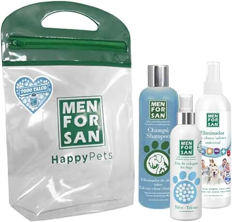 MENFORSAN Pack Higiene y Belleza, Champú Eliminador de Olores 300ml, Colonia para Perros 125ml, para el Hogar y Entorno de Mascotas 250ml, Rico Aroma a Talco  