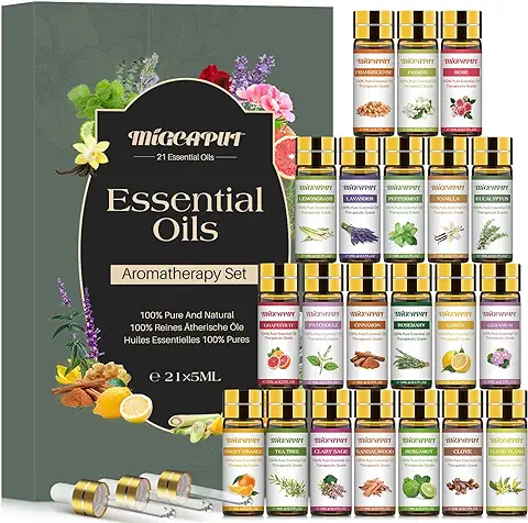 MIGCAPUT Set de Aceites Esenciales para Humidificador 21 x 5ML, 100% Puro Natural Aromaterapia Aceite Aromático para Difusor, SPA, Masaje - Lavanda, Menta, Árbol de Té, Eucalipto, Romero, Bergamota  