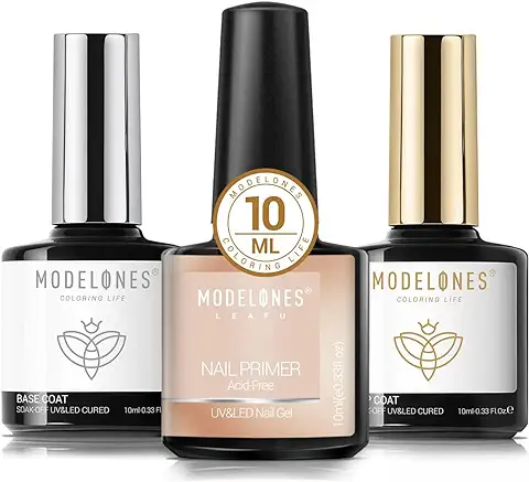 Modelones Base y Top Coat Semipermanente, Primer Uñas 10ml Soak Off, Kit de Esmaltes de Polygel y Acrilico -Pintauñas para Pedicura y Manicura  
