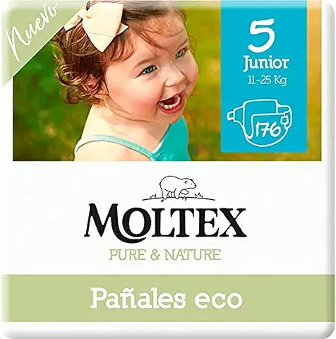 Moltex Pure & Nature Pañales Ecológicos Talla 5 (13-18 Kg) - 176 Pañales (4 Bolsas De 44 Unds), Blanco Con Diseño Impreso  