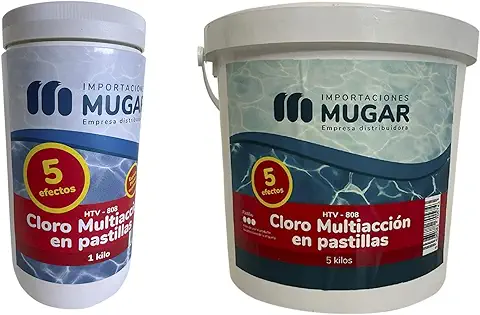 MUGAR- Cloro 5 Acciones para Piscinas en Pastillas 5 Efectos. En Envases de 1kg o 5kg. Desinfectante/Alguicida/Floculante/Antical/Mantenedor de pH(1 kg)  