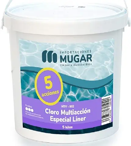 MUGAR- Cloro 5 Kg Multiacción Especial Liner 5 Efectos para Piscinas de Liner- Envase de 5kg en Pastillas 200 gr Sin Cobre para Tratamiento Piscinas  