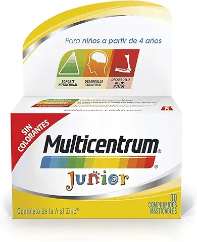 Multicentrum Junior Complemento Alimenticio Multivitamínico y Multimineral Para Niños a Partir de 4 Años, Sin Gluten, 30 Comprimidos Masticables  