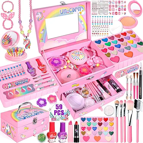 MUOIVG Kit de Maquillaje Niñas , 59 Piezas Lavable, Set Maletin, Juegos de Belleza Cosméticos, Tocador de Maquillaje Niña, Regalos No-Tóxicos para Princesas 5 6 7 8 9 10+ Años  