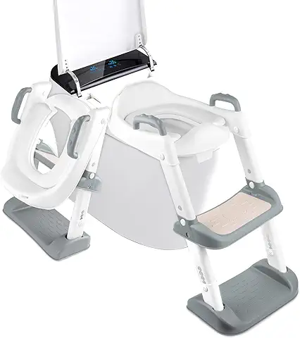 MXTIMWAN Adaptador WC Niños con Escalera, Reductor WC Niños con Asas y Base Antideslizante, Plegable Portatil Infantil Reductor WC Asiento Inodoro Niños con Asiento Acolchado de PU, Altura Regulable  