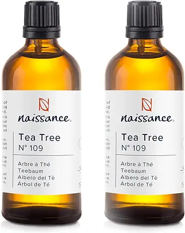 Naissance Aceite Esencial Árbol de Té Puro (No. 109) 2 x 100ml - Puro, Aromaterapia Natural - Granos, Cuero Cabelludo Graso, Uñas - No Diluido Para Quemador, Humificador, Difusor, Masajes  