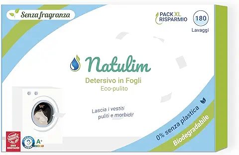 Natulim - Detergente en Tiras para Lavadora (180 Lavados) - Incluye Efecto Suavizante, Ecológico, Hipoalergénico, Zero Waste - Ropa Limpia y Suave sin Ensuciar el Planeta (Sin Fragancia)  