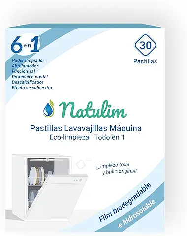Natulim - Pastillas de Lavavajillas Biodegradables e Hidrosolubles 6 en 1, 30 Unidades - Limpieza Profunda, Abrillantador, Función Sal, Protección Cristal, Descalcificador, Efecto Secado Extra  