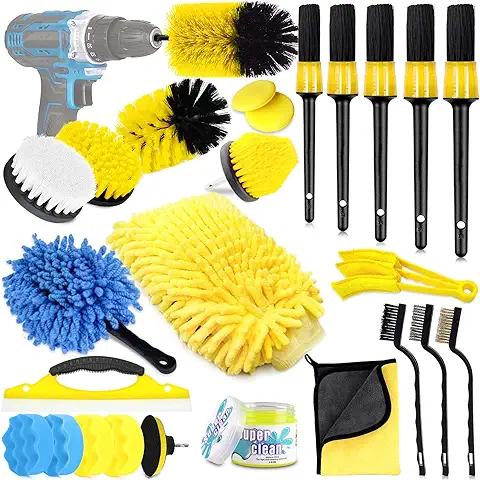 NCKIHRKK Kit Limpieza Coche, 25 Piezas Cepillo Limpieza Coche para Interior y Exterior, Kit de Lavado de Auto con Cepillo para Taladro, Esponja Pulir Coche, Gel Limpiador Coche  