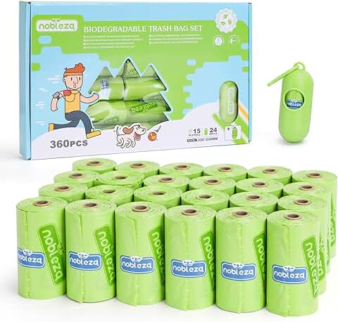 Nobleza Bolsas Caca Perro, 360 Unidades Bolsas Caca Perro Biodegradables con 1 Dispensador, Bolsas Excrementos Perros Extra Grueso, Fuerte y a Prueba, 24 Rollos/360 Unidades  