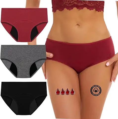 NUBE ROJA Bragas Menstruales Flujo Abundante, Bragas Postparto Mujer, Periodo Menstrual, Ropa Interior de Algodón Cintura Media, Absorbentes, Lavables, Cómodas y Transpirables, Pack DE 3.  