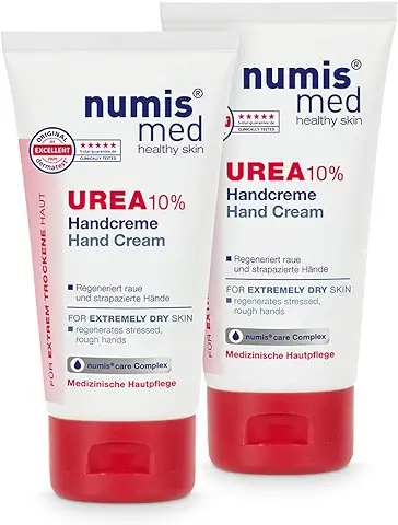 Numis med Crema de Manos con 10% de Urea, 2 Unidades de Crema de Manos Calmante para Manos muy Secas y Dañadas, Cuidado de la piel Vegano sin Siliconas, Parabenos ni Aceite Mineral (2 x 75 ml)  