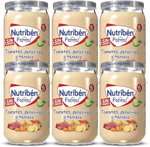 Nutribén Potitos | Tarrito de Tomates, Patatitas y Ternera | Para Bebés a Partir de 6 Meses | Sin Almidones | Sin Azúcares Añadidos | Sin Gluten, Huevo, Leche | Pack de 6 Unidades | 1410 g  