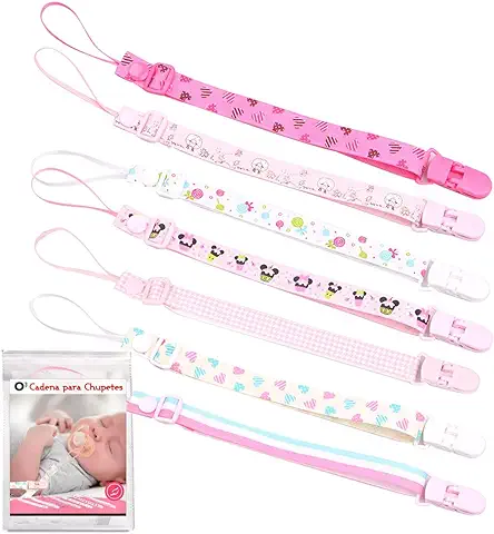 O³ Cadena Chupete Bebe 7 Unidades – Chupetes de Clip Bebé Ajustables – Cuelga Chupetes De Material Seguro – Lavable – 2 Versiones De Colores (Rosa)  