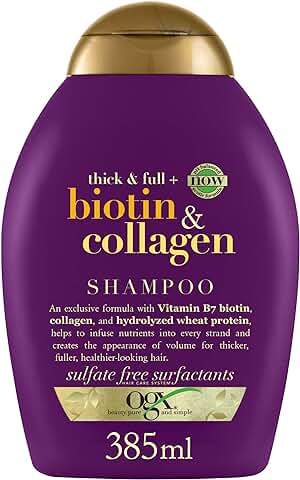 OGX Biotin & Collagen Shampoo (385 ml), Champú de Biotina, Colágeno y Proteína de Trigo Hidrolizada, sin Sulfatos ni Parabenos, Voluminizador y Texturizador de Cabello (el Paquete Puede Variar)  