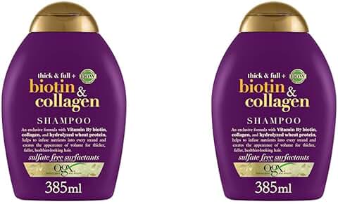 OGX, Champú Sin Sulfatos ni Parabenos, Con Biotina y Colágeno, Para pelo fino y Delgado, Favorece el Crecimiento de un pelo más Lleno y Grueso, 385ml (Paquete de 2)  