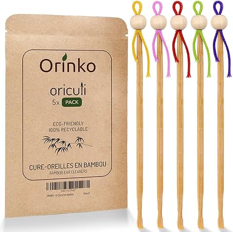 ORINKO - Oriculi de Bambú 5x - Bastoncillo de Oídos Ecológico y Reutilizable para Sustituir los Bastoncillos de Algodón - Cero Residuos  