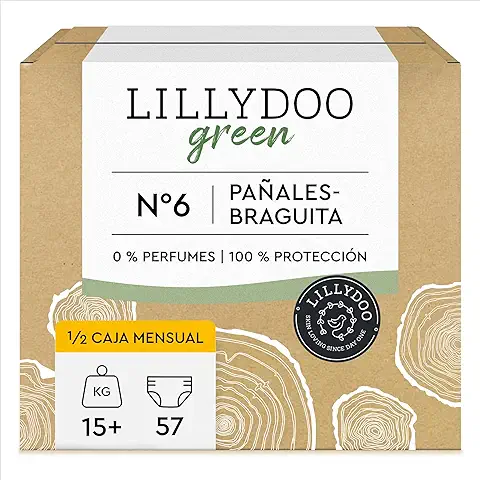Pañales-braguita LILLYDOO Green con un Impacto Ambiental Reducido, Talla 6 (15+ kg), 3 Paquetes de 19 Pañales Braguita (57 Pañales) (FSC Mix)  