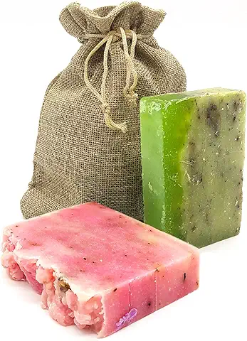 Pack 2 Jabon de Manos Natural Artesanal. Jabon Solido Biodegradable zero Waste Vegano. Bolsa Yute de Regalo. 2 Pastillas 100g (Aloe Vera y Rosa de Mosqueta)  