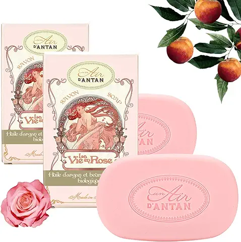 Pack 2x100 g: Jabones Franceses ROSA/Un Air D’Antan/Formula Hidratante/Patchuli, Rosa, Pesca/Piel Sensible/Aceite de Argan y Manteca de Karite BIO/Jabones Solidos Manos o Corpo  