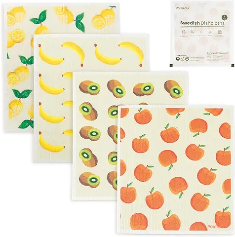 Parmedu Paños de Cocina Suecos, Paquete de 4, Reutilizables, Absorbentes y de Secado Rápido, Paños de Cocina Ecológicos, Toallitas de Limpieza Biodegradables, Patrón de Frutas, TD003  