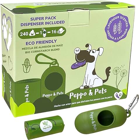 Peppo and Pets - 240 Bolsas Caca Perro -16 Rollos +1 Dispensador de Caña de Bambú-Mezcla de Almidón de Maíz- Olor a Lavanda- Muy Resistentes- Opacas- A Prueba de Fugas  