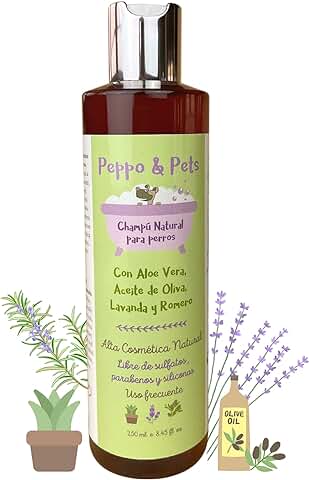 Peppo and Pets-Champú Natural para Perros-250 Ml-Libre de Sulfatos, Parabenos y Siliconas-Apto para Cachorros y Pieles Sensibles-con Aloe Vera,Lavanda,Romero y Aceite de Oliva Ecológico  