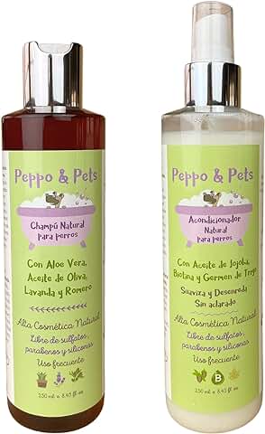 Peppo and Pets-Pack Champú Natural para Perros (250 Ml)+Acondicionador Natural para Perros sin Aclarado (250 Ml)-Ingredientes Naturales-Sin Sulfatos,parabenos ni Siliconas- Apto para Pieles Sensibles  