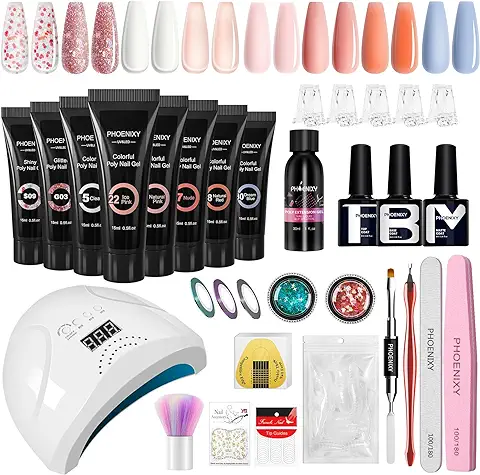 Phoenixy Kit Uñas de Gel, 8 Colores Kit de Extensión de Uñas Gel Completo con 48W UV/LED Lámpara de Uñas Poly Nail Gel Kit Principiante Regalo para Mujeres  