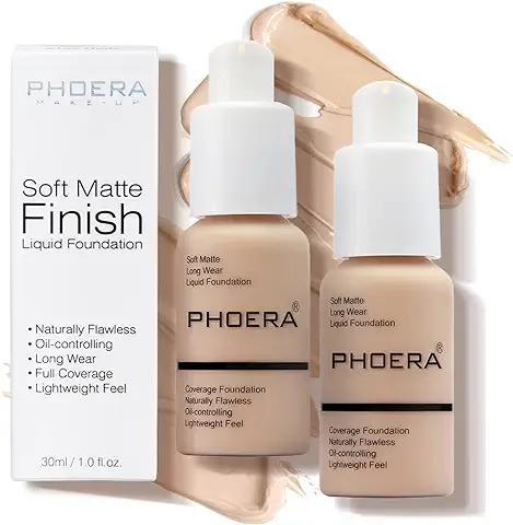 PHOERA base Maquillaje,2 Piezas base Maquillaje Cobertura Total,base Maquillaje alta Cobertura,Resistente al agua de Larga Duración Oculta las Imperfecciones para una tez Suave (2 Piezas 102)  