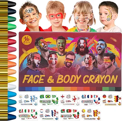 Pinturas Cara Para NiñOs, MIMOO 16 Colores De Pintura Facial, Kit De Maquillaje Carnaval Para NiñOs/Adultos,Para Maquillaje Para Halloween/Carnaval, Pintura Barriga Embarazada(Con Bandera Pegatinas)  