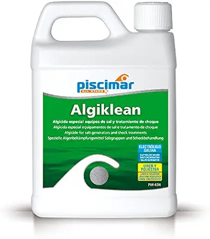 Piscimar PM-634 Algiklean Doble Acción: Algicida y Abrillantador. Especial Equipos de Sal y Tratamiento Choque. Botella 1.1 Kg.  