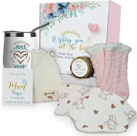 PRIME PICKS - Set de Regalo Original para Mamas - Kit Madre Primeriza Baby Shower - Incluye vela Aromática, taza Térmica, Calcetines, Babero y Felicitación. Ideal Pack Regalo Recién Nacido.  