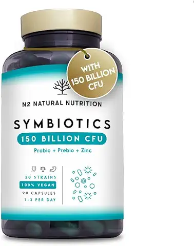 Probioticos 150 mil Millones UFC y 20 Cepas. Máxima Concentración de Probioticos y Prebioticos Intestinales y Zinc. Terapia de Choque 76 Días. Colon Irritable y Gases. Vegano. CE. N2 Natural Nutrition  