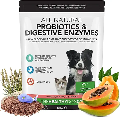 Probióticos, Prebióticos y Enzimas Digestivas Para Perros | 100% Natural 140g | Para Calmar el Estómago, la Digestión Mejorar la Inmunidad las Deposiciones y las Flatulencias | 10 Mil Millones de CFU  
