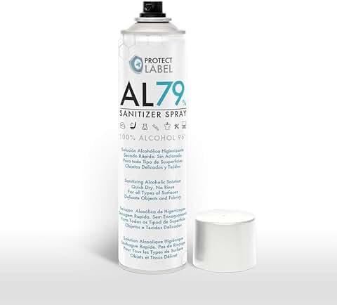 PROTECT LABEL Hidroalcohol Spray Higienizante Manos Y Superficies 79% Alcohol Aerosol Hidroalcohólico, 500ml., 1 Unidad  